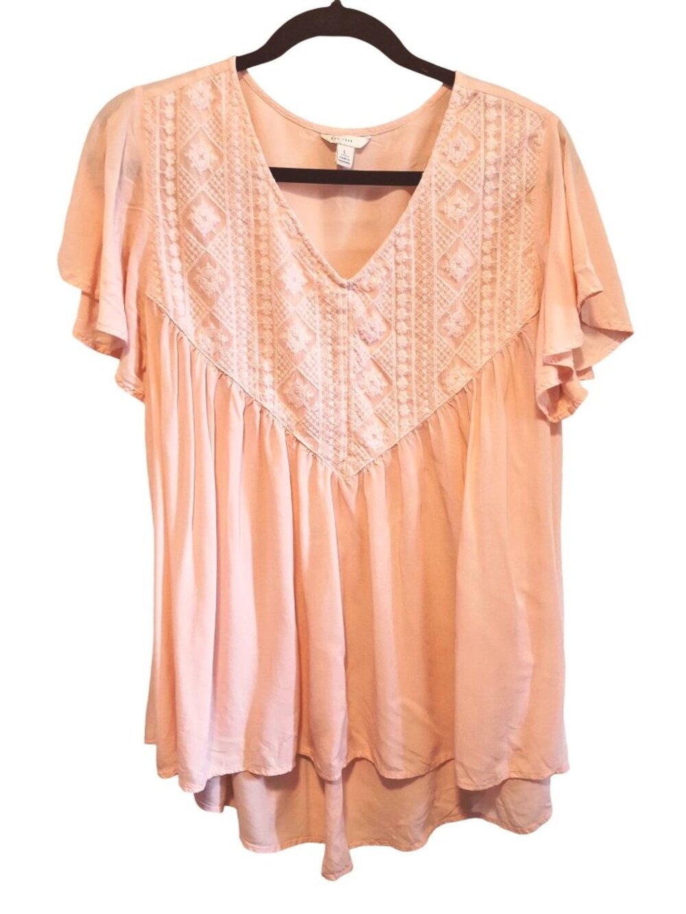 Est. 1946 Womens Peach Lace Embroidered Boho Top Size Large Rayon Blend